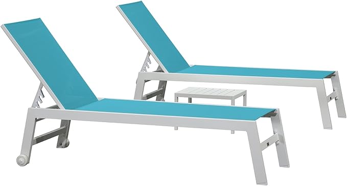 PURPLE LEAF Patio Lounge Chair 2 Pieces White Aluminum Outdoor Chaise Lounge for Pool Backyard Beach with Wheels and Table, Turquoise