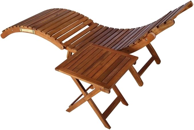 Foldable Sun Lounger with Side Table, Solid Acacia Wood Outdoor Chaise Lounge for Patio Garden Poolside - Photo 4