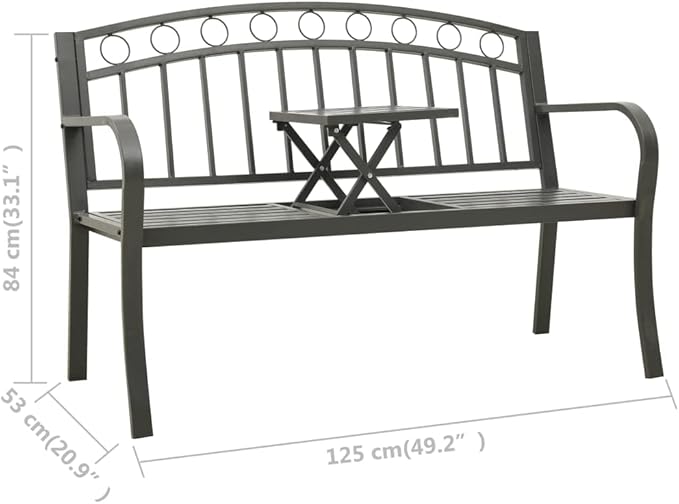 Garden Bench with Table Grey Powder-Coated Steel Outdoor Furniture for Patio Garden Backyard