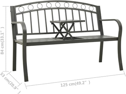 Grey Powder-Coated Steel Garden Bench with Table, Medium Durable Outdoor Seating for Patio and Garden, Weather-Resistant Comfortable Furniture for Relaxing and Socializing