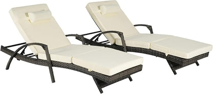 KEIKI Wicker Outdoor Chaise Lounge Chairs Set of 2 for Patio & Pool Side with 5-Level Adjustable Backrest and Cushions, Garden Beach Upholstered Couches Folding Sun Reclining Sofa Bed