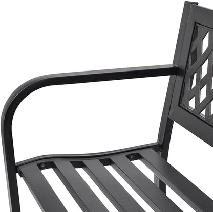 Black Steel Frame 2-Seater Durable Rectangular Garden Bench with PVC Backrest for Outdoor Patio and Balcony Seating