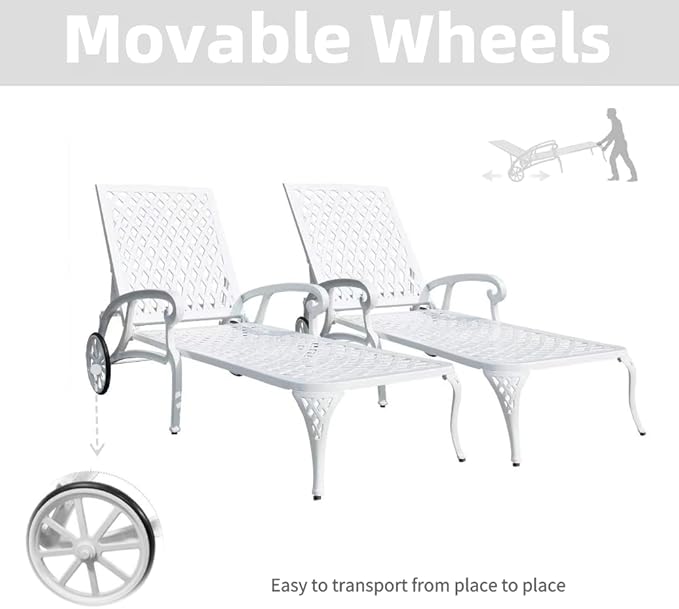 Chaise Outdoor Aluminum Lounge Chair with Wheels, 3-Position Adjustable Recliner Furniture Set for Poolside, Backyard and Patio (2pcs, White)