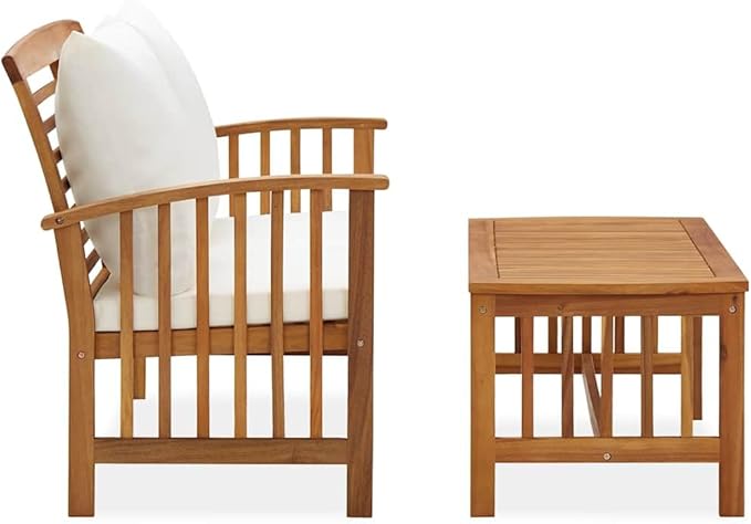 Vintage Acacia Wood Garden Bench 43.3 in, Cream White Cushions, Oiled Finish, Medium Outdoor Seating Set for Balcony, Patio, Porch, Backyard Relaxing
