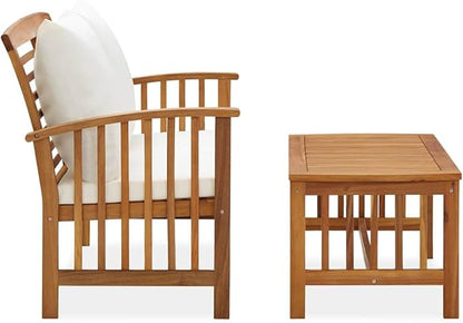 Vintage Acacia Wood Garden Bench 43.3 in, Cream White Cushions, Oiled Finish, Medium Outdoor Seating Set for Balcony, Patio, Porch, Backyard Relaxing