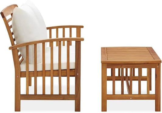 Vintage Acacia Wood Garden Bench 43.3 in, Cream White Cushions, Oiled Finish, Medium Outdoor Seating Set for Balcony, Patio, Porch, Backyard Relaxing