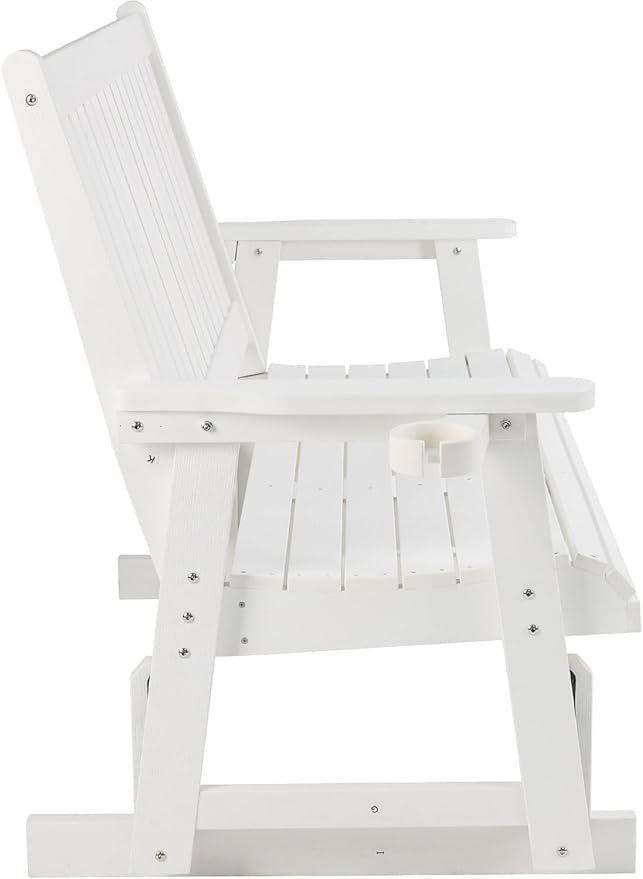 HIPS Patio Glider with Cup Holders, Durable Poly Lumber Material, All-Weather Resistant, High Backrest and Deep Contoured Seat, Heavy Duty 900 LB, for Outdoor, Porch, Patio (Ivory White, 3-Seat)