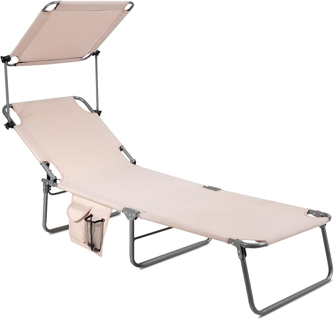 COSTWAY Beach Lounge Chair, Foldable Chaise Lounge with Canopy, Adjustable Backrest & Side Pocket, Tanning Chair for Seaside, Pool, Patio (Beige)