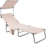 COSTWAY Beach Lounge Chair, Foldable Chaise Lounge with Canopy, Adjustable Backrest & Side Pocket - Photo 1