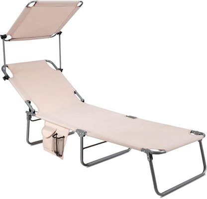 COSTWAY Beach Lounge Chair, Foldable Chaise Lounge with Canopy, Adjustable Backrest & Side Pocket, Tanning Chair for Seaside, Pool, Patio (Beige)
