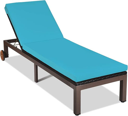 DORTALA Outdoor Pool Chaise Lounge Chair, Metal Rattan Lounger Recliner Chair W/Wheels, Folding Wicker Chaise Chair W/Cushioned Seating, Turquoise
