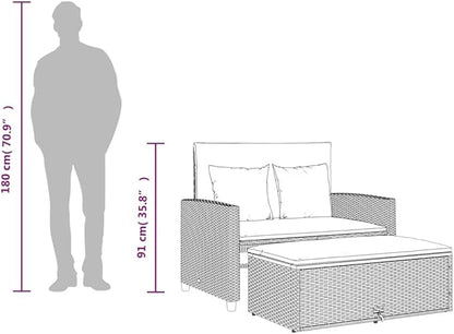 vidaXL Patio Sofa with Cushions - 2-Seater Beige Poly Rattan & Acacia Wood - Convertible Bench/Sofa Bed - Outdoor Garden Deck Furniture with Footstool & Storage