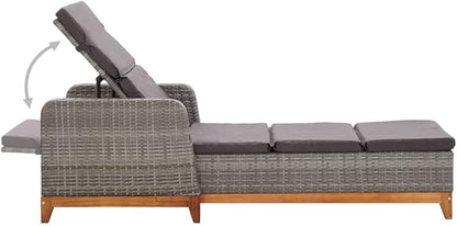 Sun Lounger Grey with Adjustable Backrest and Cushion, 5 Position Reclining Outdoor Chaise Lounge for Patio Garden, Acacia Wood and Poly Rattan Furniture with Removable Cover