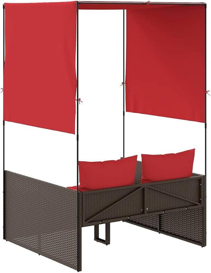 Patio Double Sun Lounger with Roof & Curtains 44.5 lbs Brown Red Synthetic Rattan 2 Person Outdoor Chaise Lounge 17 x 18.3 x 29 in for Garden Poolside Balcony
