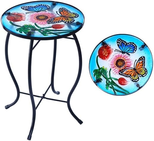 13.5 Inch Round Butterfly Glass Side Table, Patio Small Table, Outdoor Side Table, Outdoor Bar Table - Photo 1
