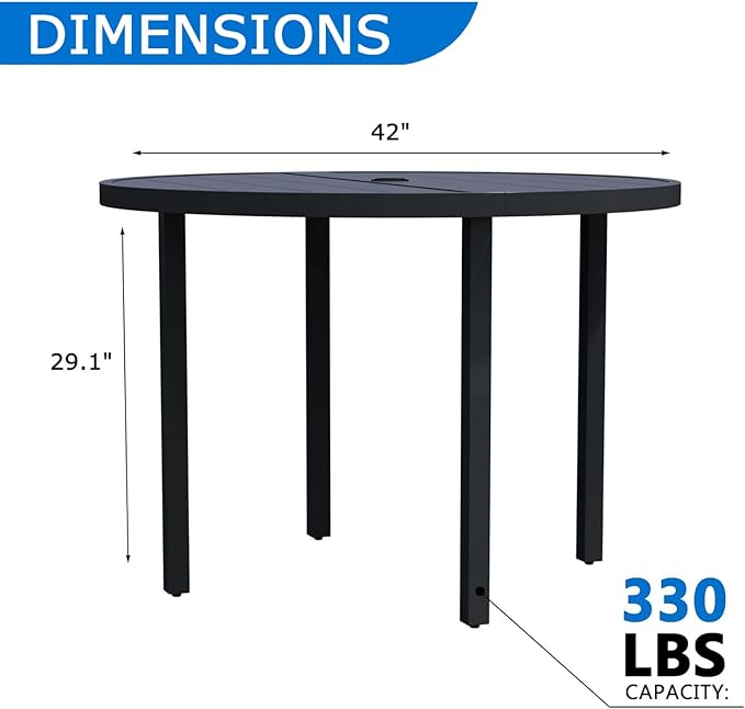 All-Weather 42" Round Outdoor Patio Table for 4, Metal Black Dining Table with Adjustable Umbrella Hole, Garden, Backyard & Deck Bistro Table