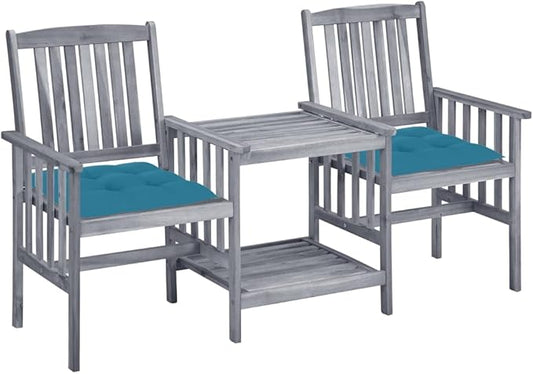 vidaXL Solid Acacia Wood Patio Chairs with Tea Table and Cushions - Outdoor Garden Seat - ic Gray Finish - 62.6"x24"x36.2"