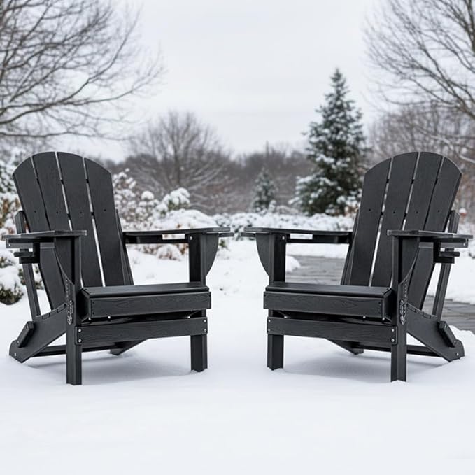 Folding Outdoor Adirondack Chairs Set of 2 with High&Reclining Back-HDPE Weather Resistant Patio Chairs with Cup and Phone Holder for Patio,Fire Pit, Garden and Backyard