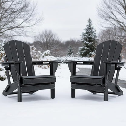 Folding Outdoor Adirondack Chairs Set of 2 with High&Reclining Back-HDPE Weather Resistant Patio Chairs with Cup and Phone Holder for Patio,Fire Pit, Garden and Backyard