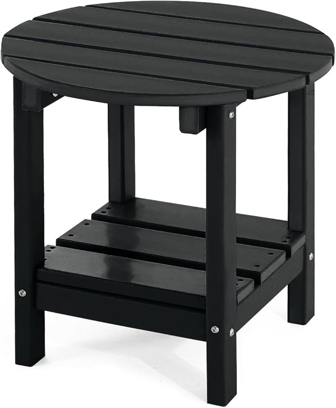 Adirondack Outdoor Side Tables, 2-Tier Round Outdoor Table, Weather Resistant HDPE Patio End Table for Garden, Lawn, Pool, Beach, Porch, Deck, Backyard - Black