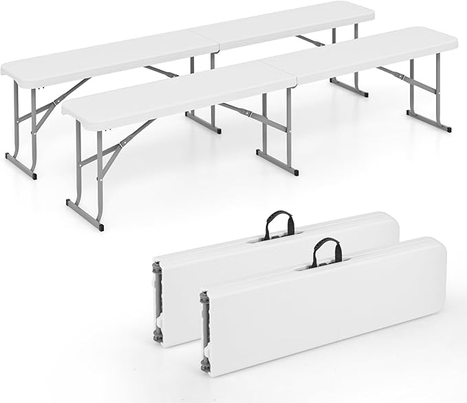 Giantex 6 Feet Plastic Folding Bench Set of 2, Portable Picnic Seat for BBQ Party Camping Dining, HDPE Top, Metal Frame, Indoor Outdoor Foldable Bench for Garden Entertainment Activities Sport Events