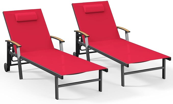 Ciokea Outdoor Lounge Chair with Pillow Set of 2, 5-Position Aluminum Chaise Lounge with Wheels & Armrests - Photo 1