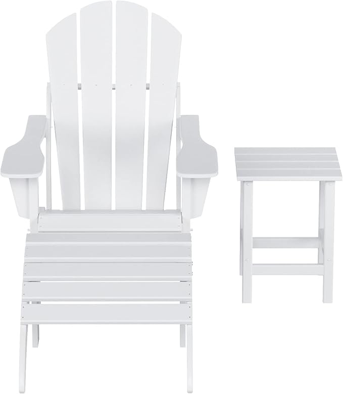 WestinTrends Malibu Outdoor Lounge Chairs, 3-Pieces Adirondack Chair Set with Ottoman and Side Table, All Weather Poly Lumber Patio Lawn Folding Chair for Outside Pool Garden Backyard, White