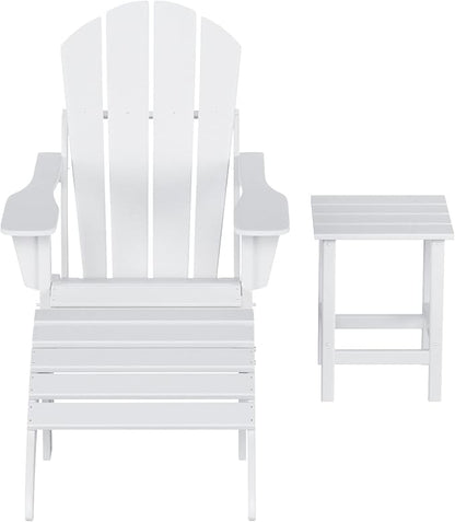 WestinTrends Malibu Outdoor Lounge Chairs, 3-Pieces Adirondack Chair Set with Ottoman and Side Table, All Weather Poly Lumber Patio Lawn Folding Chair for Outside Pool Garden Backyard, White