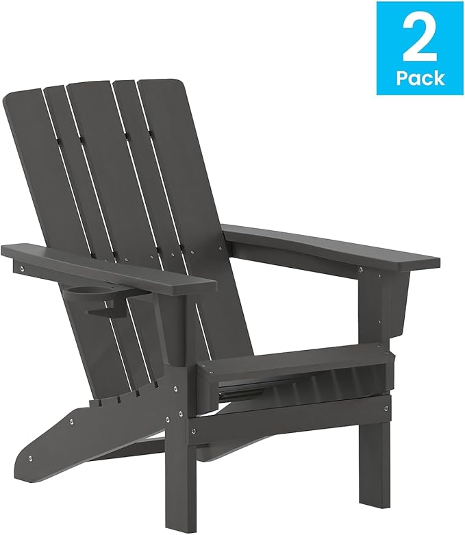 Flash Furniture Halifax Adirondack Chairs with Cup Holders, Weather Resistant Poly Resin Adirondack Chairs, Set of 2, Gray