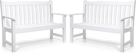 Stoog Outdoor Benches Set of 2, All-Weather HIPS Plastic Garden Bench with 800lb Capacity, Never Fade or Rot, Used for Patio, Porch, Backyard and Park, White