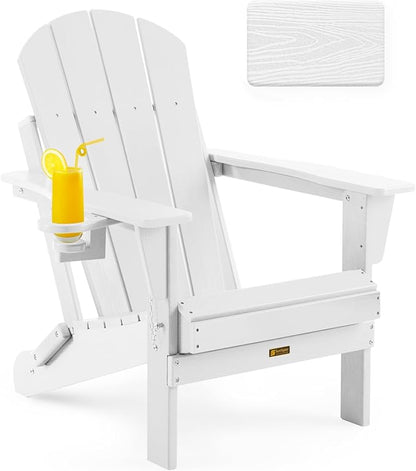 Folding Adirondack Chair Wood Texture, Patio Chairs Weather Resistant, Outdoor Chair, Lawn Chair with Cup Holder, Fire Pit Chair for Deck, Outdoor, Porch, Backyard (White)
