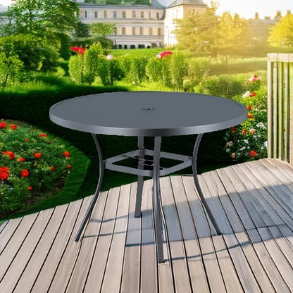 VICLLAX Round Patio Dining Table, 41 inch Metal Outdoor Dining Table with Umbrella Hole for Garden Lawn Balcony Deck, Dark Grey