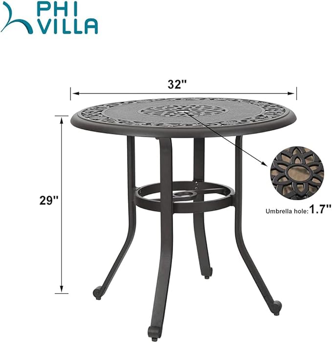 PHI VILLA 32 in Cast Aluminum Patio Outdoor Bistro Round Dining Table with Frosted Surface - Photo 3