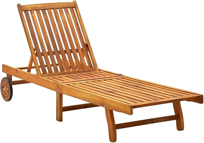 Acacia Wood Outdoor Chaise Lounge 78.7" Grey Wash Patio Recliner with Wheels & Red Plaid Cushion Adjustable Backrest - Photo 2