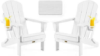 Folding Adirondack Chair, Patio Chair Wood Texture, Outdoor Chair Weather Resistant, Fire Pit Chair with Cup Holder, Composite Adirondack Chair Set of 2(White)