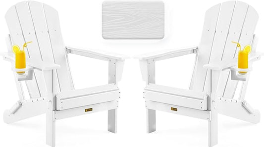 Folding Adirondack Chair, Patio Chair Wood Texture, Outdoor Chair Weather Resistant, Fire Pit Chair with Cup Holder, Composite Adirondack Chair Set of 2(White)