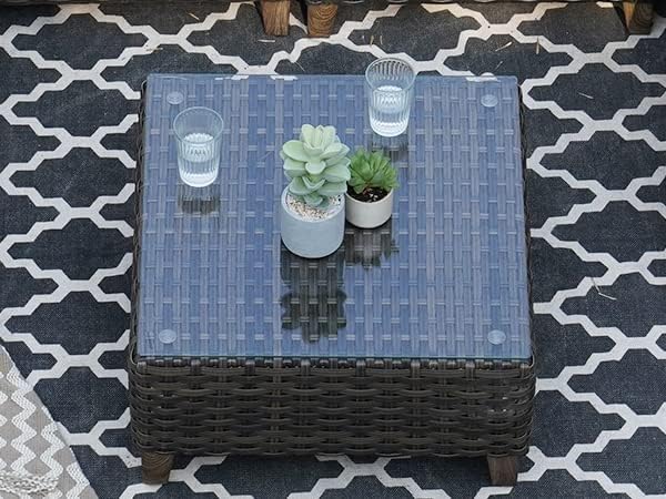 Grand patio Outdoor Coffee Table Wicker Patio Side Table Wicker Patio Table Furniture Conversation Set with Glass Top
