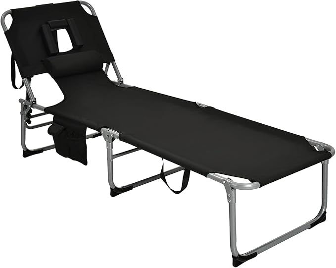 GYMAX Tanning Chair, Folding Beach Lounger with Face Arm Hole, Adjustable Backrest, Side Pocket, Pillow & Carry Handle, Outside Sunbathing Lounge Chair for Patio, Poolside, Lawn (1, Black)