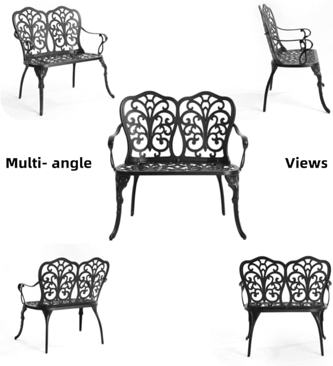 Patio Aluminum Outdoor Bench, Garden Metal Loveseat Furniture, Vintage Carving Antique Black Front Porch Chair Seat