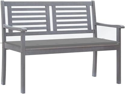 2-Seater Patio Bench with Cushion 47.2" Gray Eucalyptus Wood Garden Bench Deck Bench Outdoor Bench Porch Bench for patios, Gardens, Decks