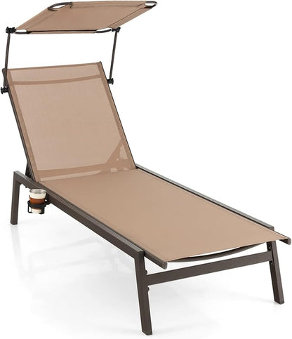 Tangkula Patio Chaise Lounge Chair, Outdoor Recliner with Adjustable Canopy & Cup Holder, 6-Level Backrest, Heavy-Duty Metal Reclining Lounger for Poolside, Backyard (1, Brown)