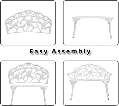 Patio Aluminum Outdoor Bench, Garden Metal Loveseat Furniture, Rose Carving Antique White Front Porch Chair Seat