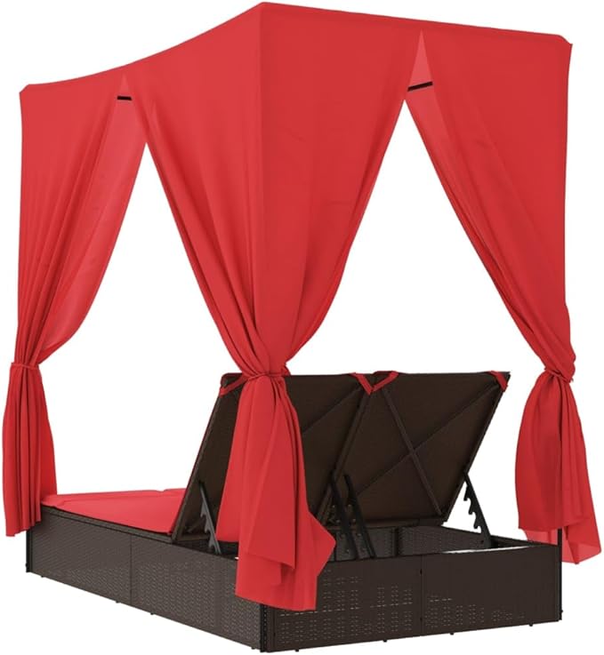 Brown PE Rattan Double Patio Sun Lounger 78.7"x44.9"x77.2" with Adjustable Backrest, Curtains & Roof, All-Weather Outdoor Chaise for Poolside Garden Deck