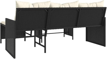 vidaXL Patio Sofa Set - L-Shaped Black Poly Rattan, Powder-Coated Steel Frame with Cream Cushions, Tempered Glass Coffee Table for Garden/Deck