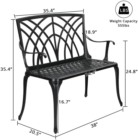 Patio Outdoor Park Loveseat Bench for Garden Porch Deck Made Cast Iron Anti-Rust Aluminum Metal, 2-3 Seater (38 Inch Orchard Back)