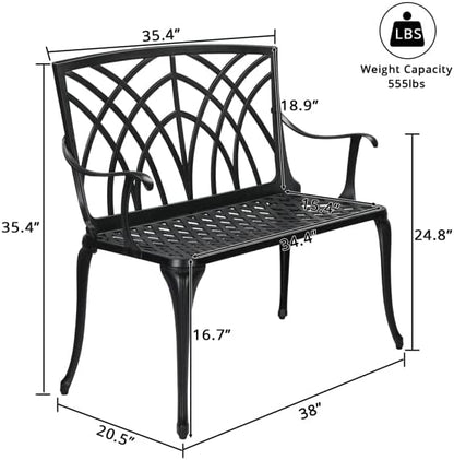 Patio Outdoor Park Loveseat Bench for Garden Porch Deck Made Cast Iron Anti-Rust Aluminum Metal, 2-3 Seater (38 Inch Orchard Back)