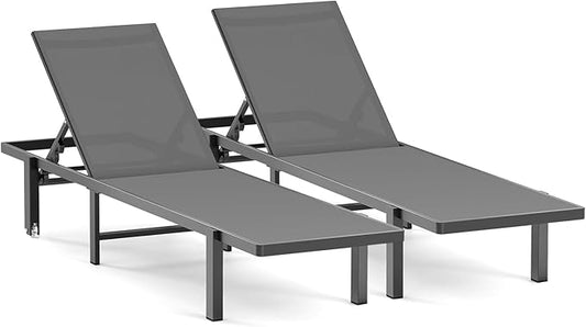 Ciokea Patio Chaise Lounge Chair Set of 2, Outdoor Lounge Chairs with Wheels, 5-Position Adjustable Sun Loungers for Pool, Deck, Beach, Grey