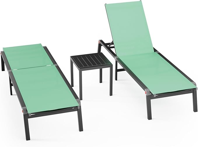 Aluminum Patio Chaise Lounge Chair Set of 2 with Side Table,5-Position Adjustable Backrest,Foldable Lounge Chair Outdoor,Pool Lounge Chairs for Poolside,Lawn,Deck,Beach (Green, 2 Pack+Table)