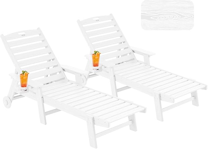 Chaise Lounge Chair Outdoor with Wheels, Oversize Patio Lounge Chairs with Wood Texture, 5-Position Plastic Lounge Chairs Set of 2-White(Separate Delivery)