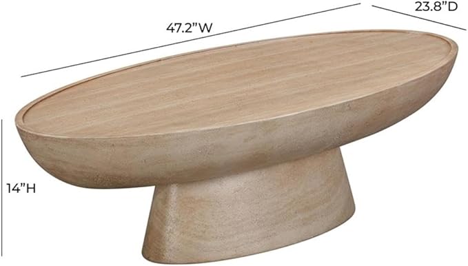 Pemberly Row Eclipse Stone Coffee Table, 47.2" W x 23.8" D x 14" H, Faux Travertine Beige Finish, Handmade Indoor/Outdoor Use, Durable Concrete Base, Textured Design for Living Space or Patio Decor